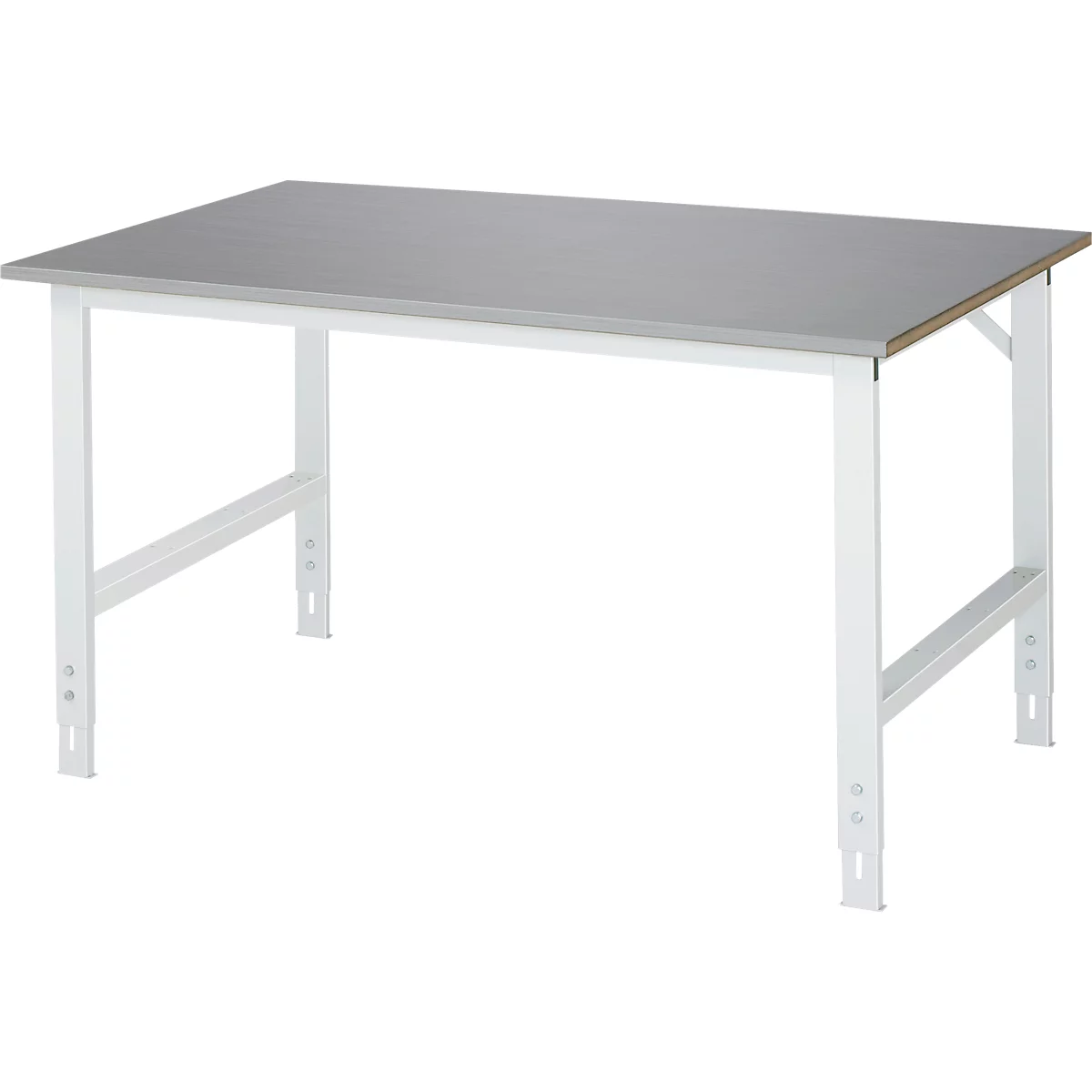 Rau werktafel Tom, handmatig in hoogte verstelbaar, 25 mm MDF blad met roestvrij stalen bekleding, tot 500 kg, B 1500 x D 1000 x H 760-1080 mm, zilver/lichtgrijs