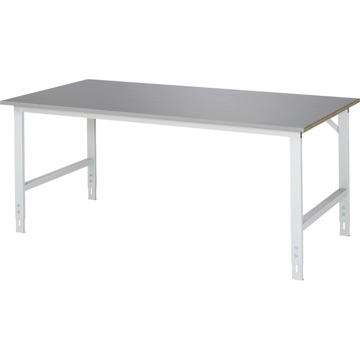 Rau werktafel Tom, handmatig in hoogte verstelbaar, 25 mm MDF blad met roestvrij stalen bekleding, tot 500 kg, B 2000 x D 1000 x H 760-1080 mm, zilver/lichtgrijs