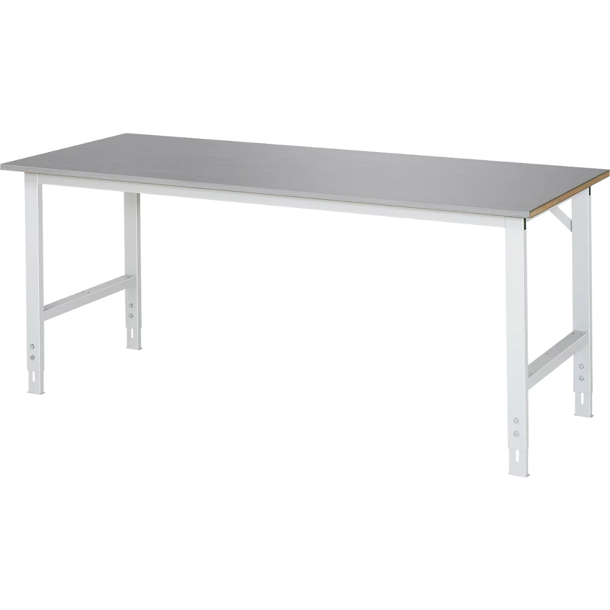 Rau werktafel Tom, handmatig in hoogte verstelbaar, 25 mm MDF blad met roestvrij stalen bekleding, tot 500 kg, B 2000 x D 800 x H 760-1080 mm, zilver/lichtgrijs