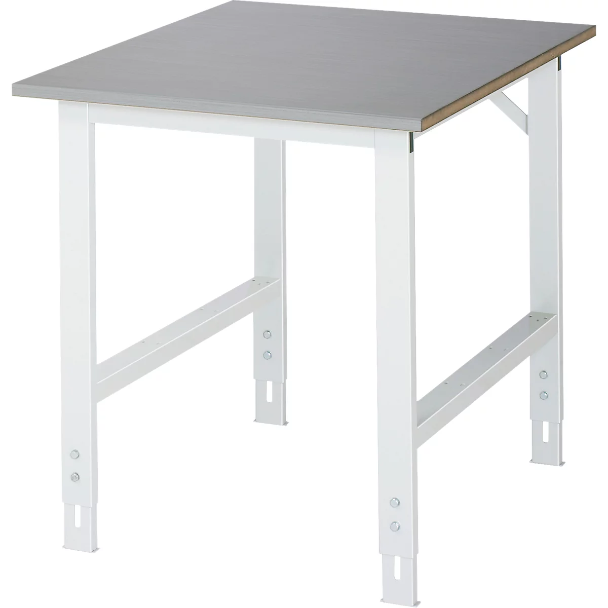 Rau werktafel Tom, handmatig in hoogte verstelbaar, 25 mm MDF blad met roestvrij stalen bekleding, tot 500 kg, B 750 x D 1000 x H 760-1080 mm, zilver/lichtgrijs