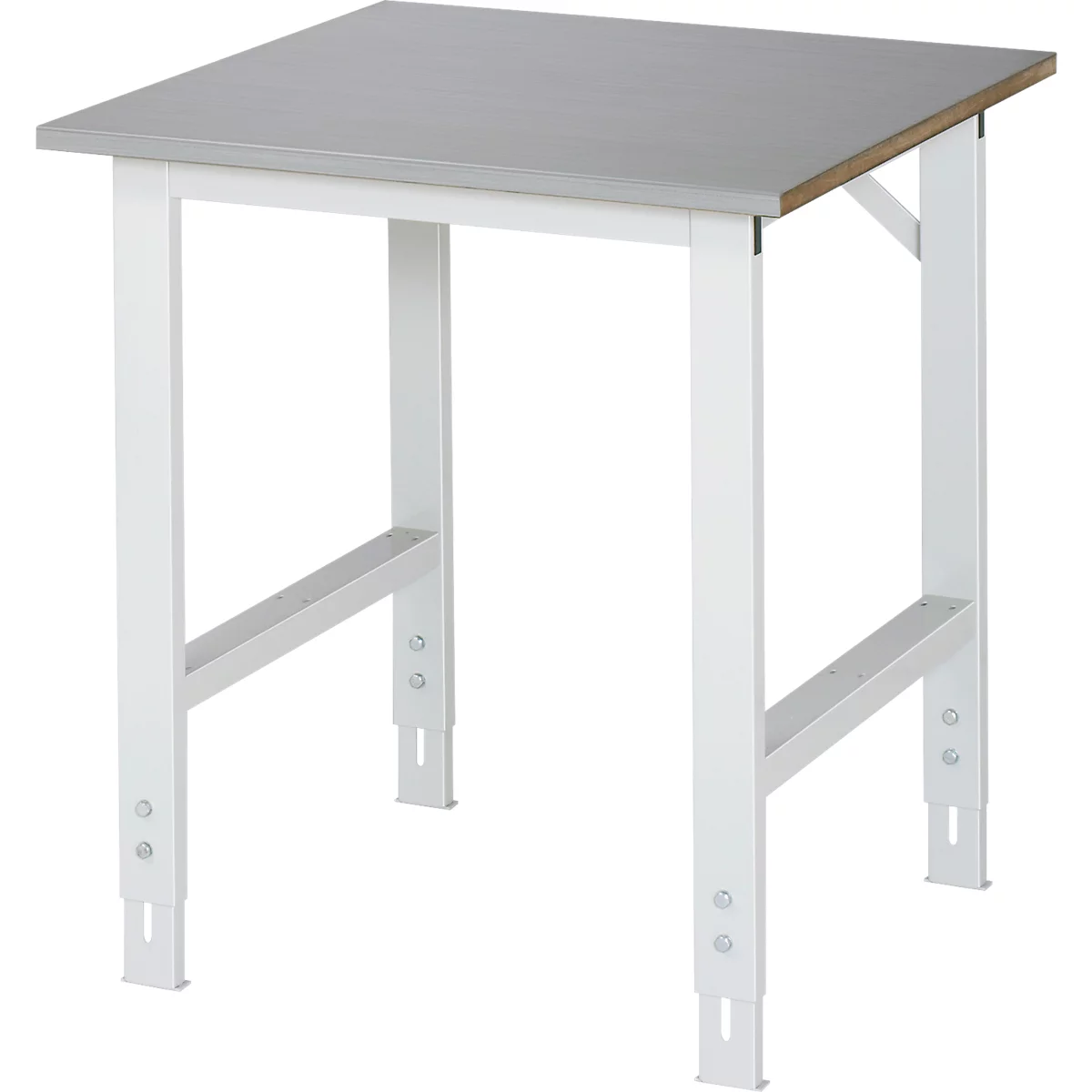 Rau werktafel Tom, handmatig in hoogte verstelbaar, 25 mm MDF blad met roestvrij stalen bekleding, tot 500 kg, B 750 x D 800 x H 760-1080 mm, zilver/lichtgrijs