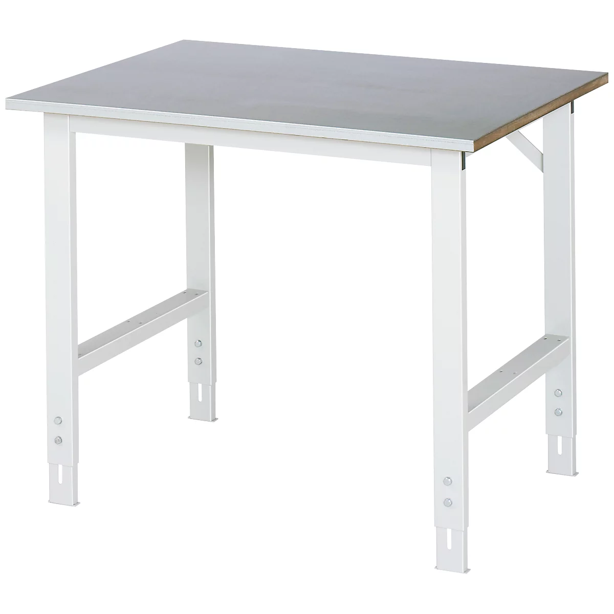 Witte werkplaatstafel met grijs tafelblad. De poten zijn van metaal, de tafel is in hoogte verstelbaar.