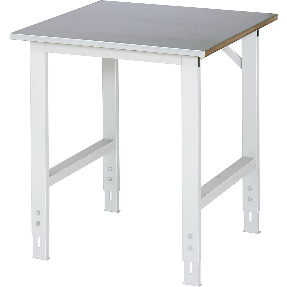 Een witte werktafel met een vierkant grijs tafelblad. Verstelbare poten met steunen.