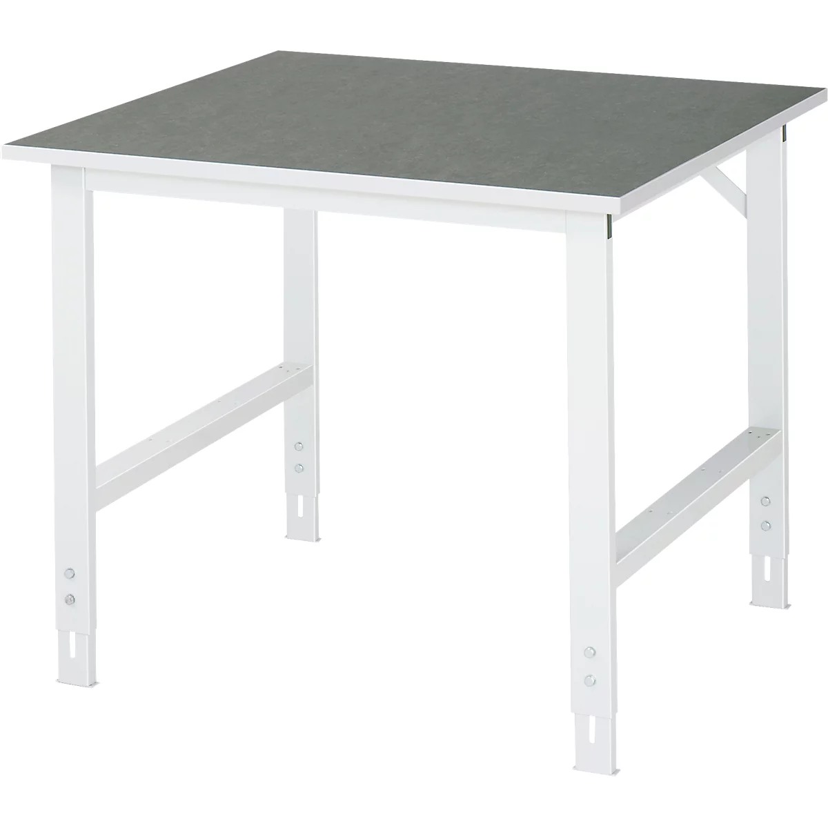 Rau werktafel Tom, handmatig in hoogte verstelbaar, 25 mm spaanplaat met linoleum bekleding, tot 500 kg, B 1000 x D 1000 x H 760-1080 mm, lichtgrijs/lichtgrijs