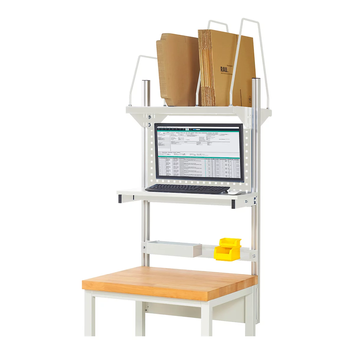 Werktabel met computer, opbergvakken en documenten. Een tabel is zichtbaar op het scherm.
