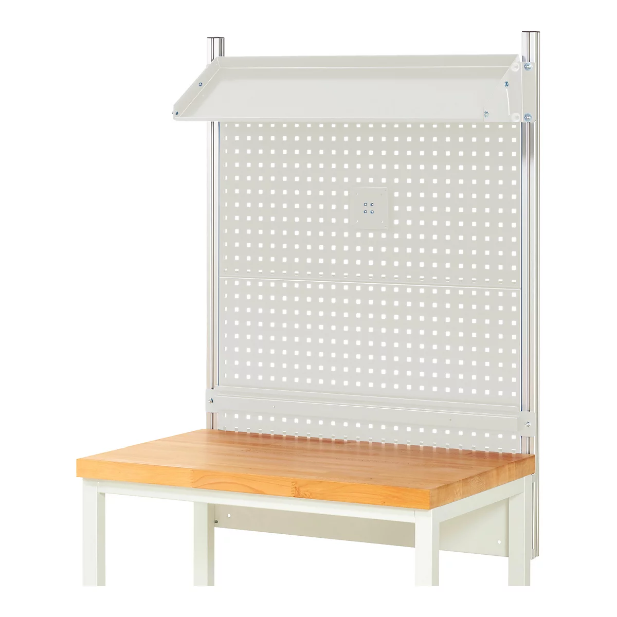 Werkbank met pegboard en houten tafelblad. Grijze metalen constructie. Lichte inrichting voor werkplaats of garage.