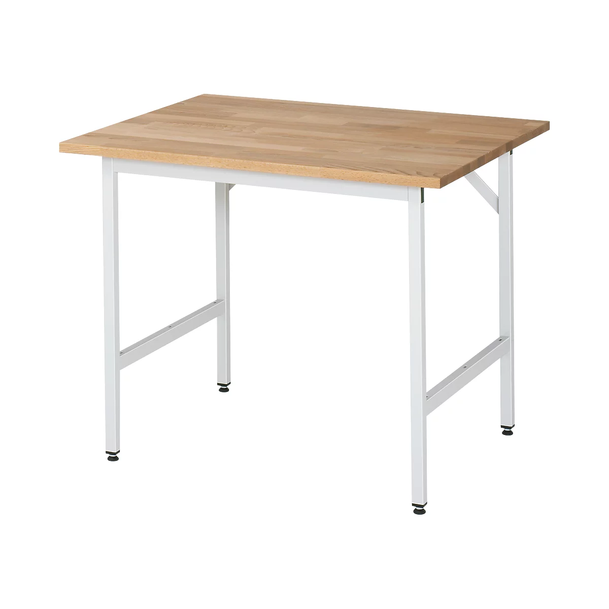 A rectangular table with a light wood top and white metal legs. The legs have black feet.