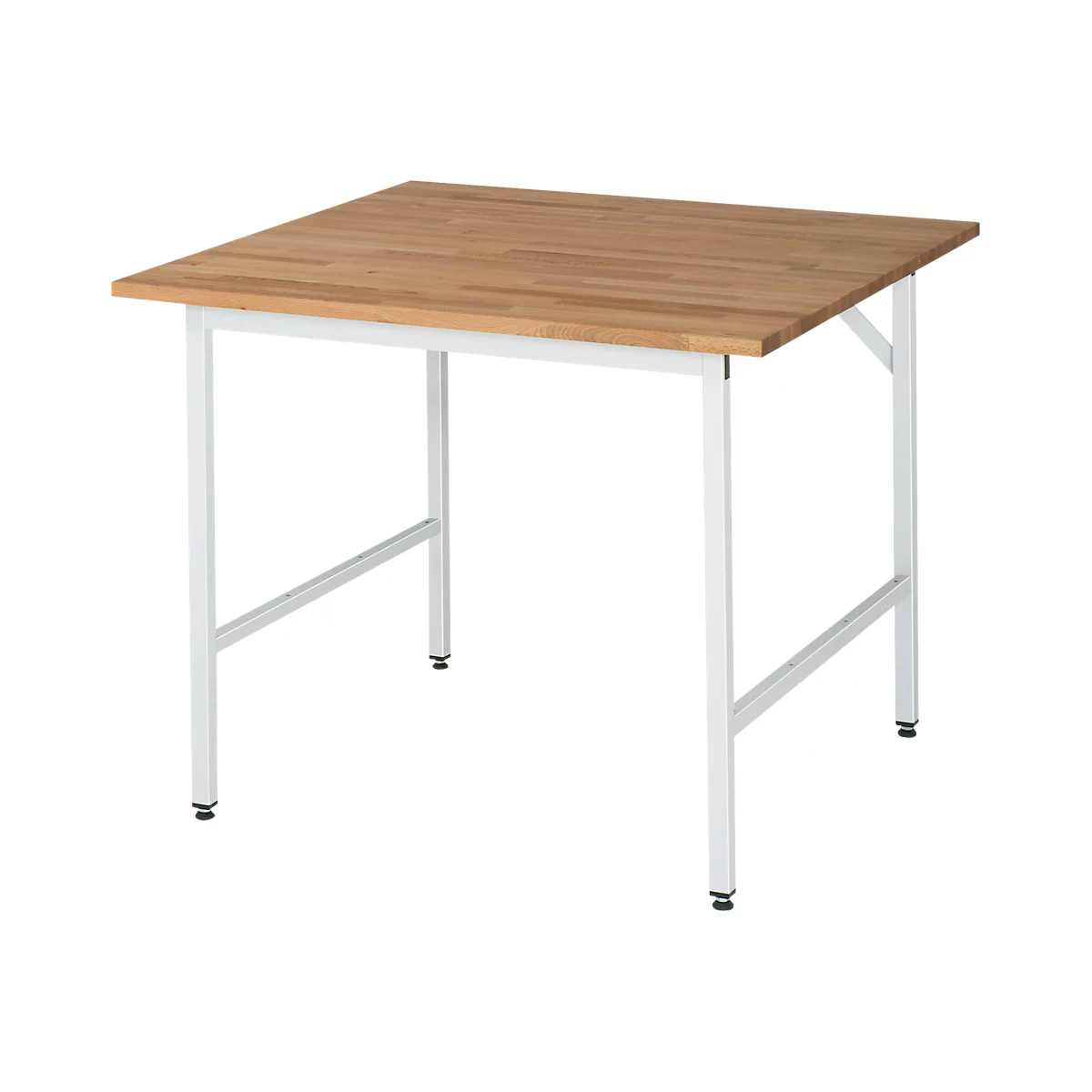 A square table with a wooden top and white metal legs. The table is set against a white background.