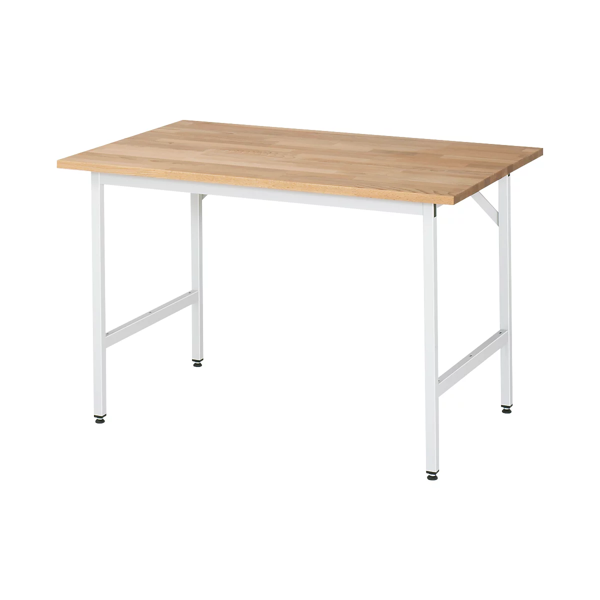A rectangular table with a light brown wooden top and a white metal frame. The legs are angled and have black feet.