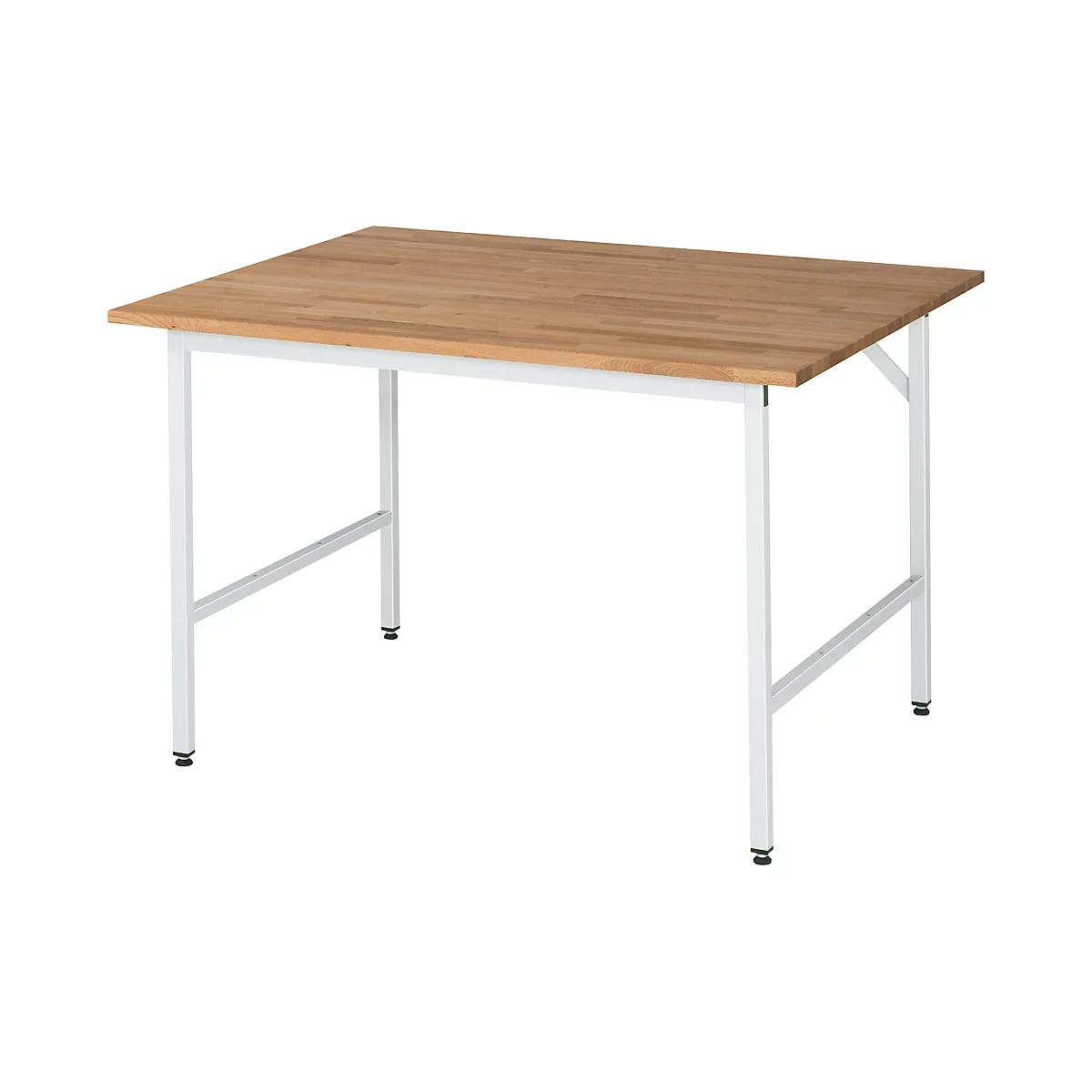 A rectangular table with a light brown wooden top and white metal legs. The table legs are connected by crossbars.