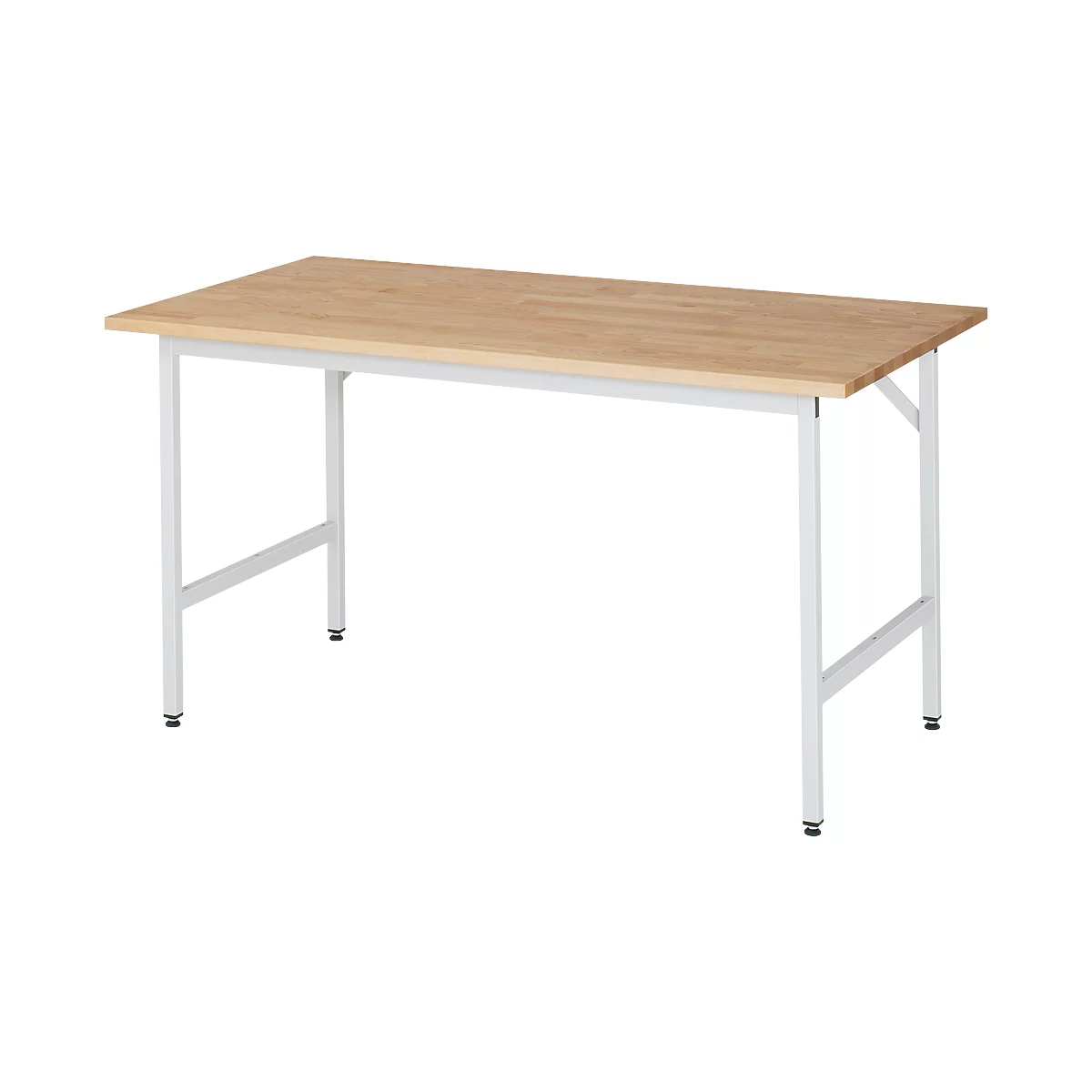 A rectangular wooden table with white metal legs, perspective view.