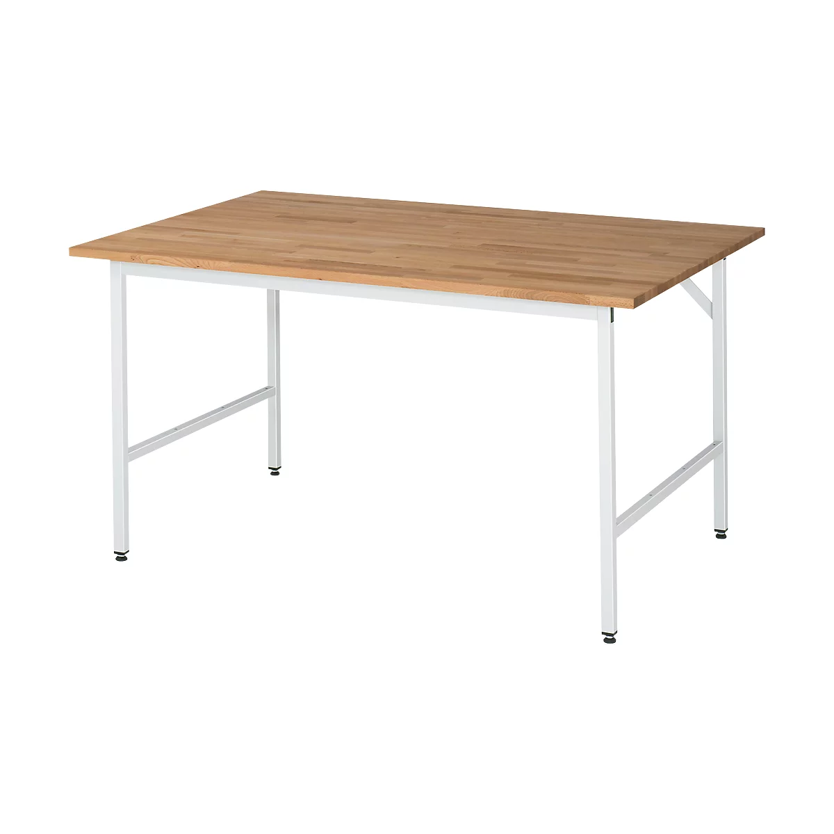 A rectangular table with a light brown wooden top on white metal legs.