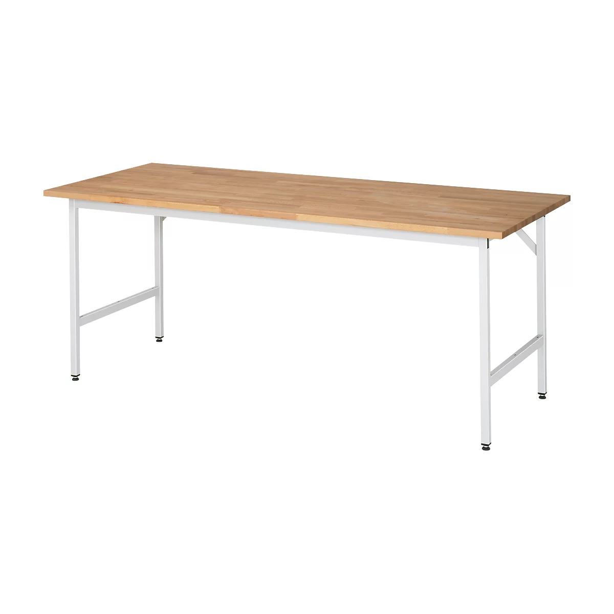 A rectangular wooden table with white metal legs. The table top is made of light wood. The frame is minimalist.