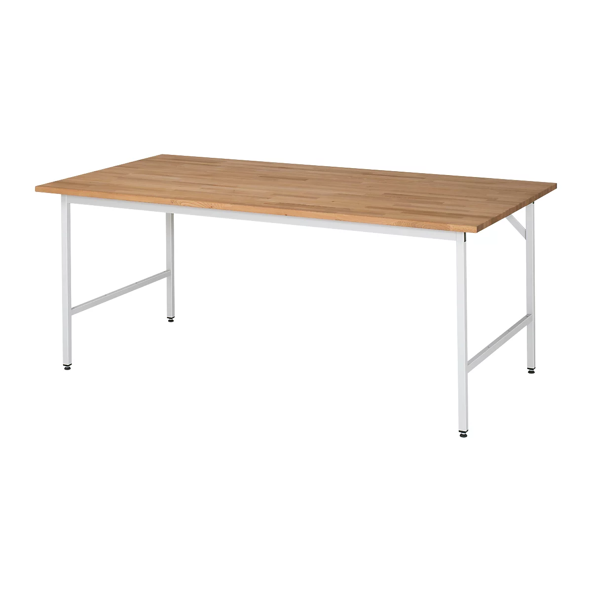 Rectangular wooden table with light-colored wood, white metal frame, legs slightly angled.