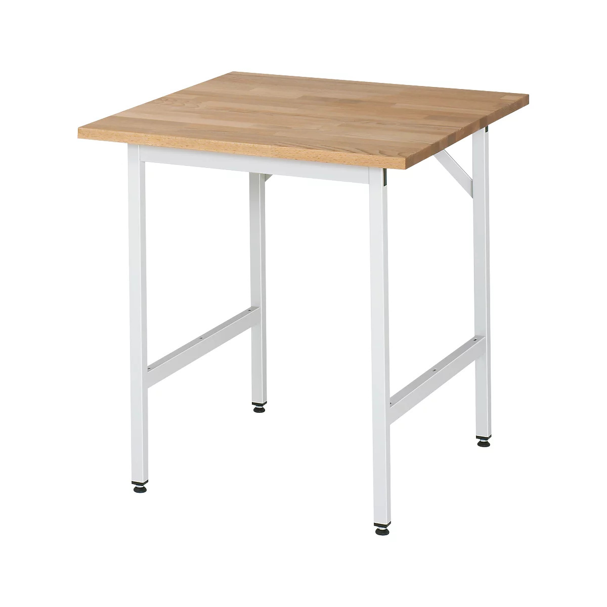 A square table with a light brown wooden top and white metal legs. There are black rubber feet on the legs.