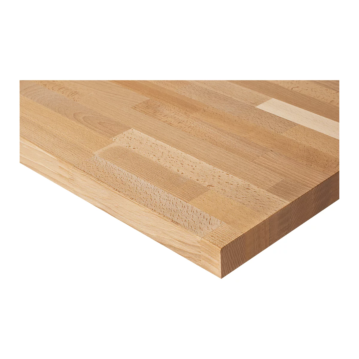 Close-up of a wooden countertop. The countertop is made of light-colored wood and shows a grain.