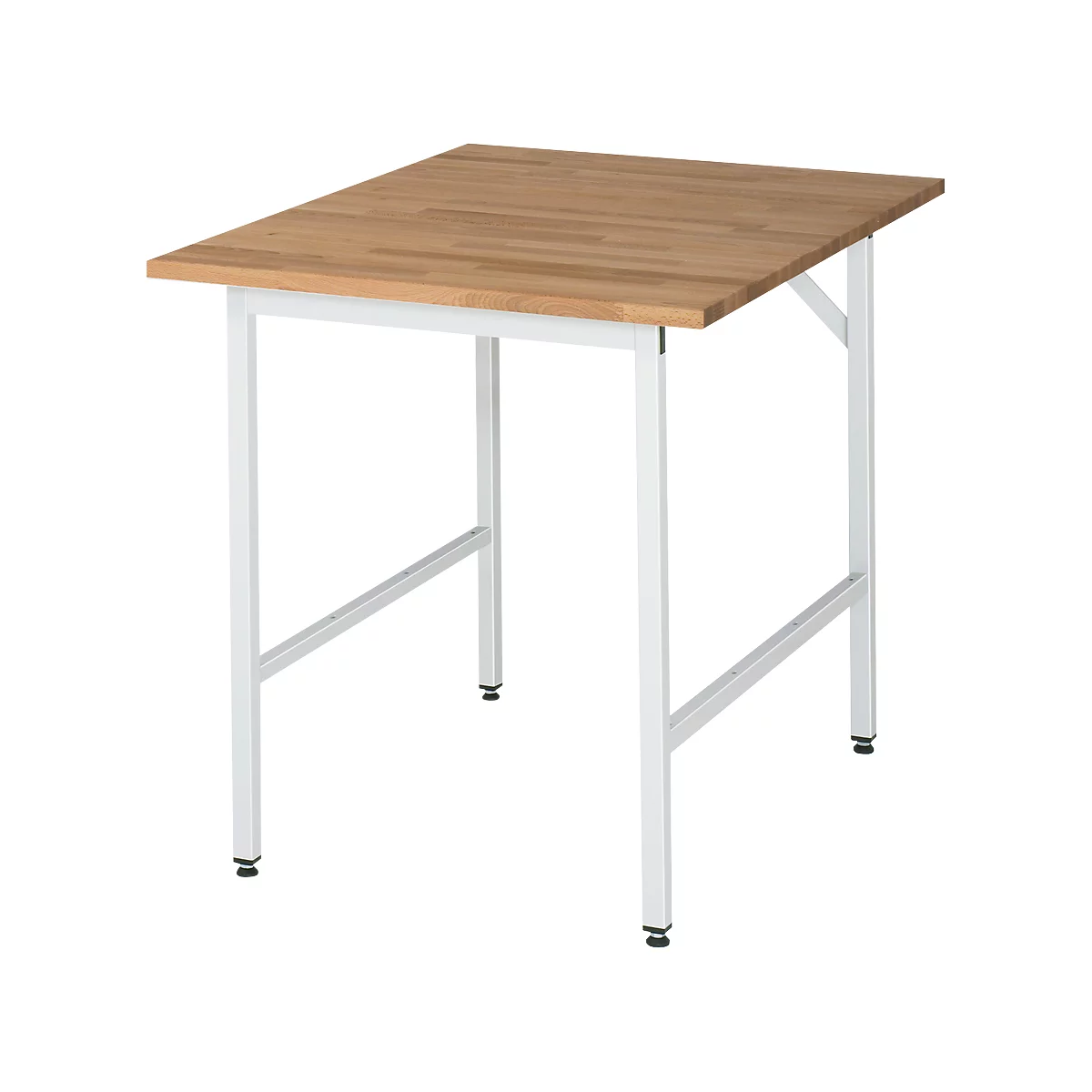A small table with a wooden top and white metal frame. The table is rectangular and stands on four legs.
