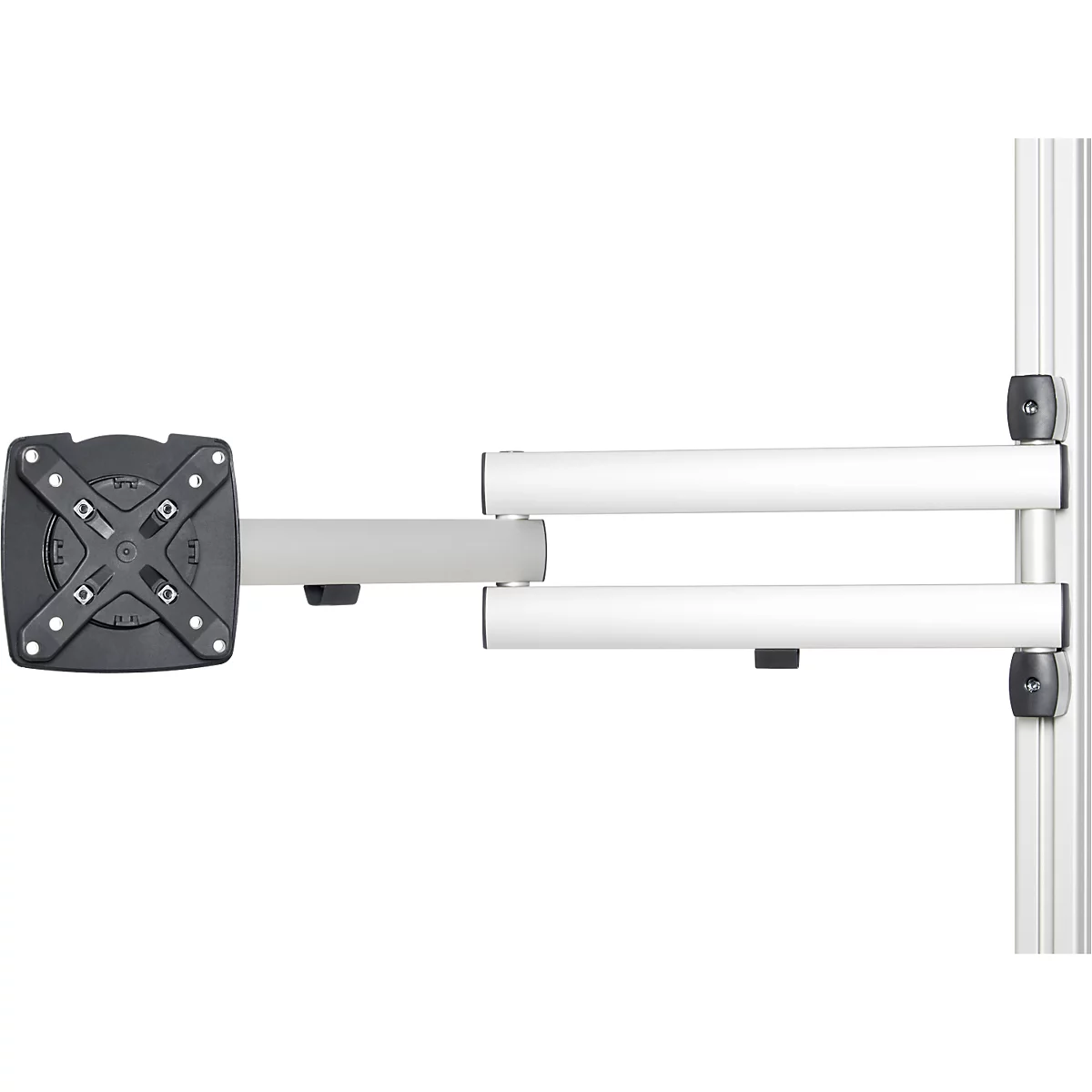 Monitorbevestiging. Donkere beugel met witte armen, gemonteerd op een verticale aluminium rail.