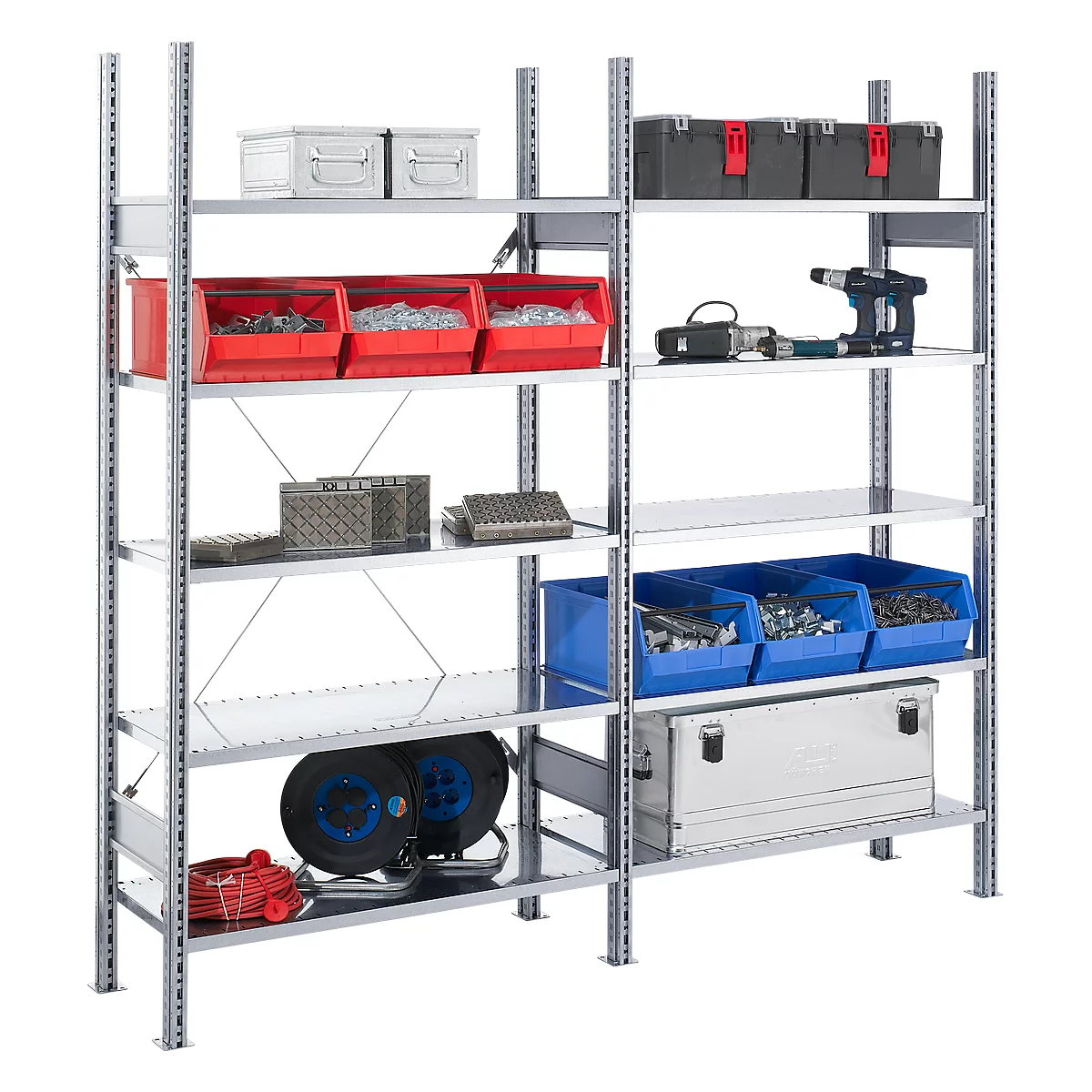 Rayonnage à emboîter FBR 2200, rayonnage complet 2,08 m, 1 module de base et 1 module d’extension avec 10 tablettes, H 2013 x l. 2080 x P 600 mm