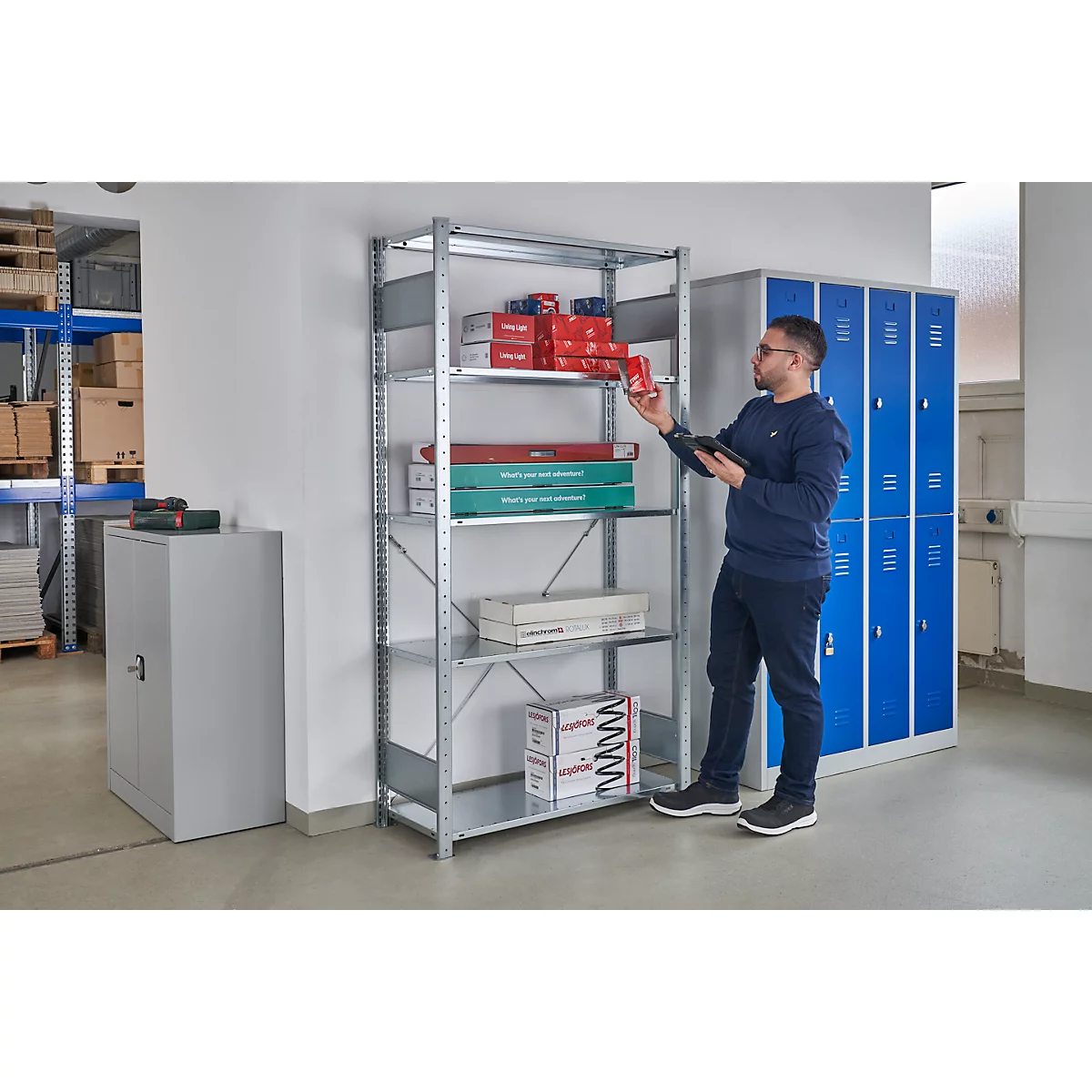 Rayonnage à emboîter MULTIplus150 Express - module de base - l. 1000 x P 300 x H 2000 mm - 5 étagères - capacité de charge par étagère 150 kg - acier - galvanisé