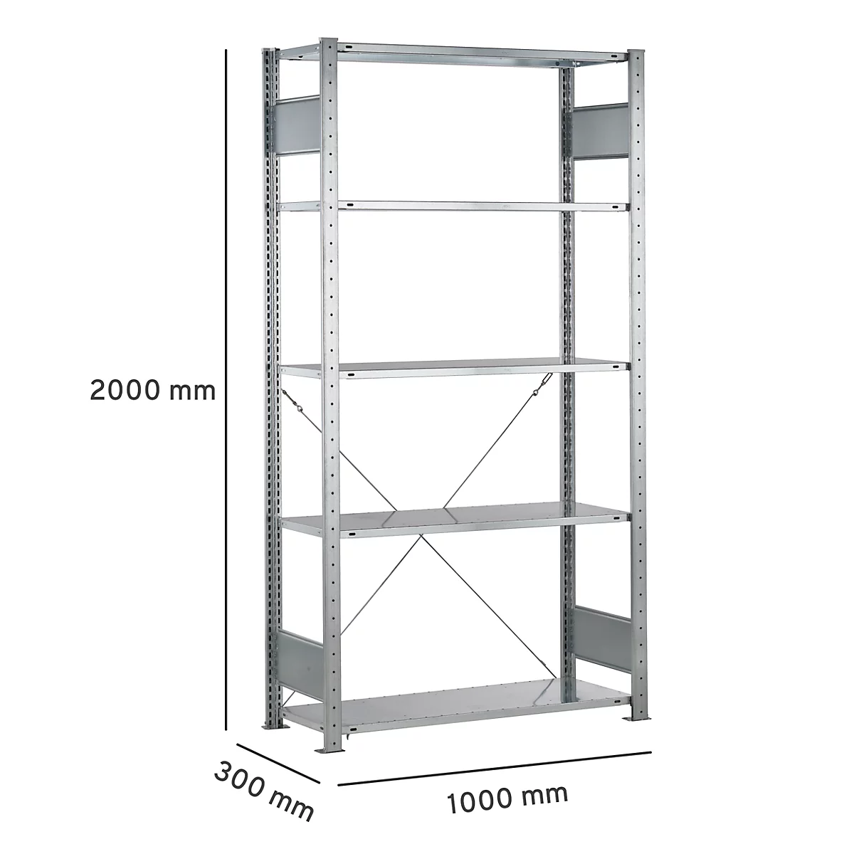 Rayonnage à emboîter MULTIplus150 Express - module de base - l. 1000 x P 300 x H 2000 mm - 5 étagères - capacité de charge par étagère 150 kg - acier - galvanisé