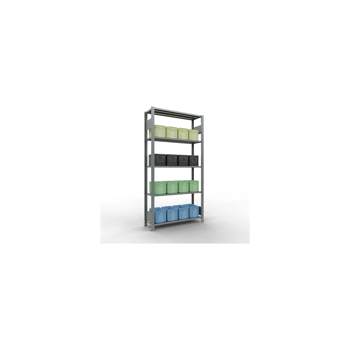 Rayonnage à emboîter MULTIplus150 - utilisable des 2 côtés - module de base - l. 1000 x P 300 x H 2000 mm - 5 étagères - capacité de charge par étagère 150 kg - renforcé par des traverses de longueur - acier - galvanisé
