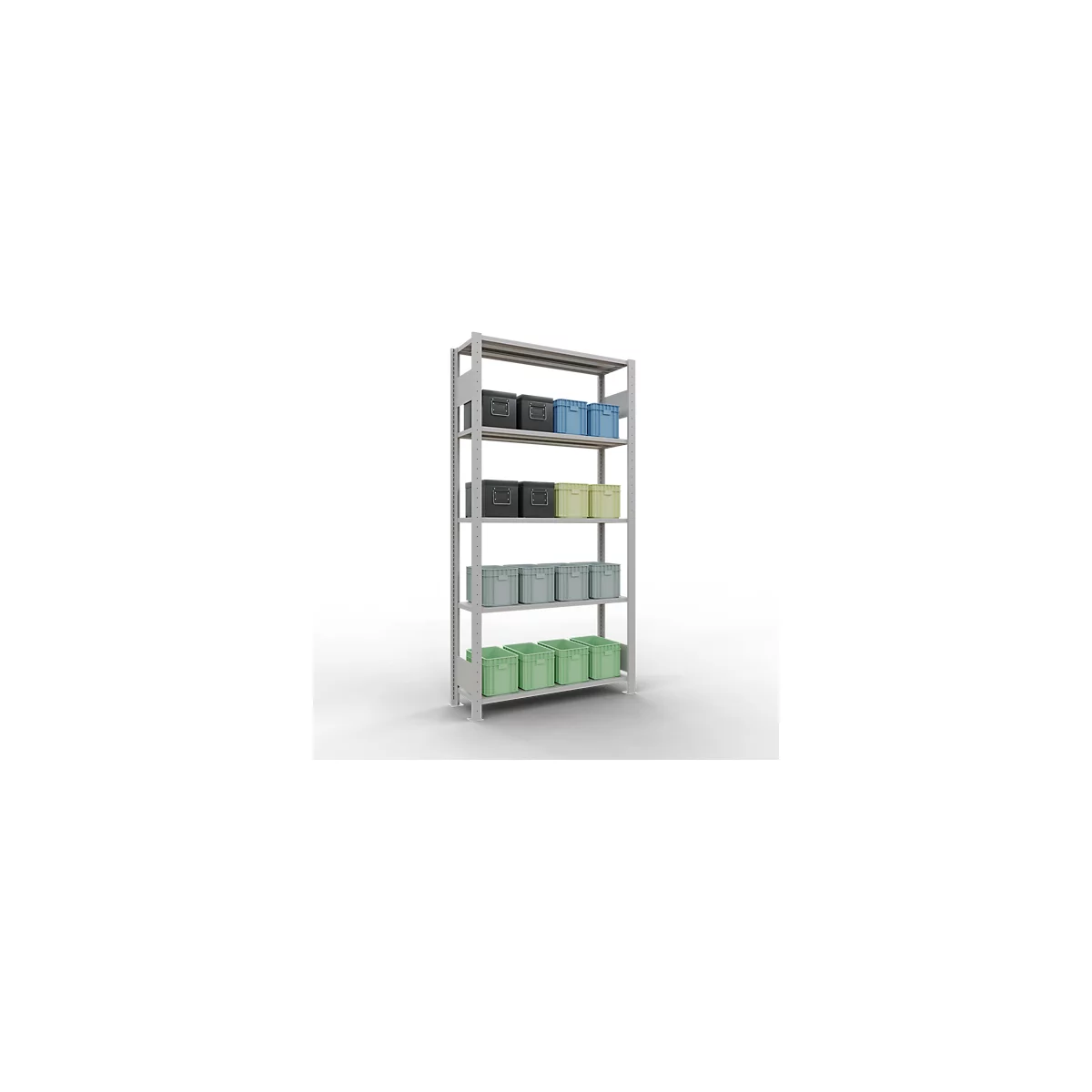 Rayonnage à emboîter MULTIplus150 - utilisable des 2 côtés - module de base - l. 1000 x P 300 x H 2000 mm - 5 étagères - capacité de charge par étagère 150 kg - renforcé par des traverses de longueur - acier - gris clair RAL 7035