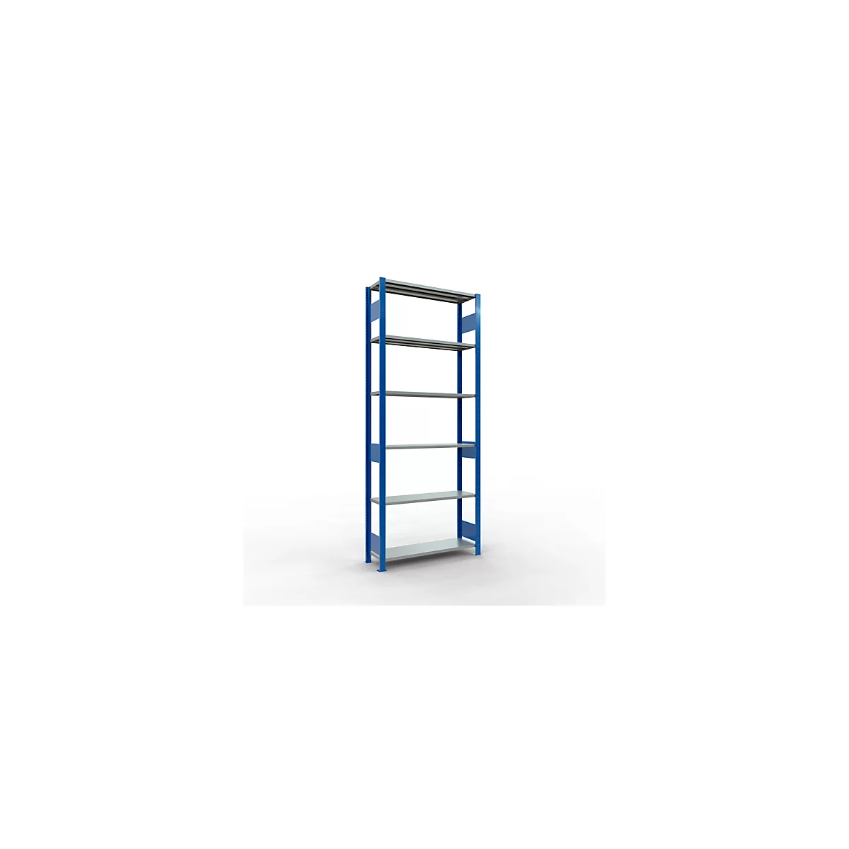 Rayonnage à emboîter MULTIplus150 - utilisable des 2 côtés - module de base - l. 1000 x P 300 x H 2500 mm - 6 étagères - capacité de charge par étagère 150 kg - renforcé par des traverses de longueur - acier - bleu gentiane RAL 5010