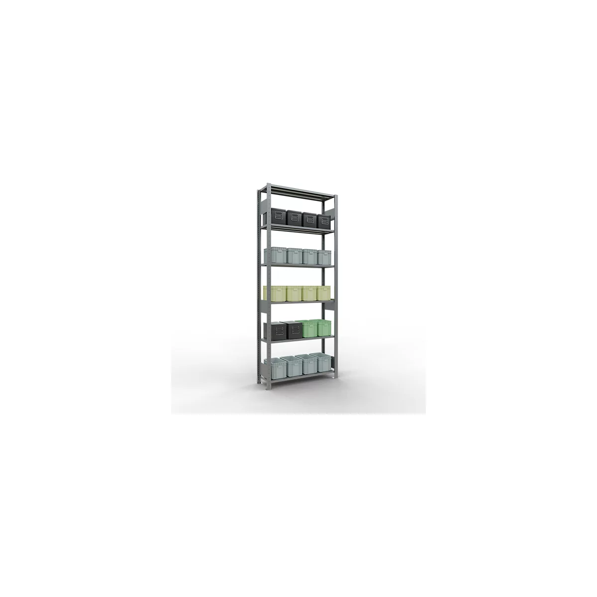 Rayonnage à emboîter MULTIplus150 - utilisable des 2 côtés - module de base - l. 1000 x P 300 x H 2500 mm - 6 étagères - capacité de charge par étagère 150 kg - renforcé par des traverses de longueur - acier - galvanisé