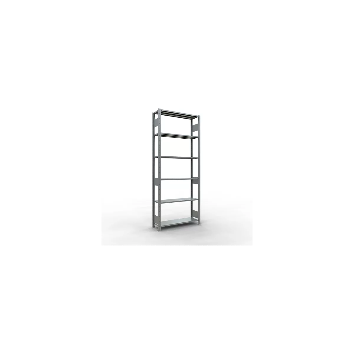 Rayonnage à emboîter MULTIplus150 - utilisable des 2 côtés - module de base - l. 1000 x P 300 x H 2500 mm - 6 étagères - capacité de charge par étagère 150 kg - renforcé par des traverses de longueur - acier - galvanisé