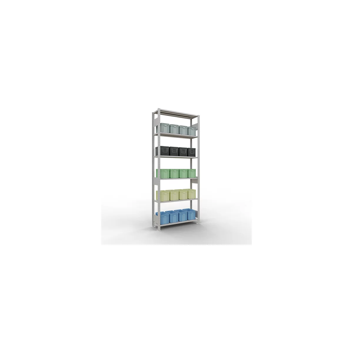 Rayonnage à emboîter MULTIplus150 - utilisable des 2 côtés - module de base - l. 1000 x P 300 x H 2500 mm - 6 étagères - capacité de charge par étagère 150 kg - renforcé par des traverses de longueur - acier - gris clair RAL 7035