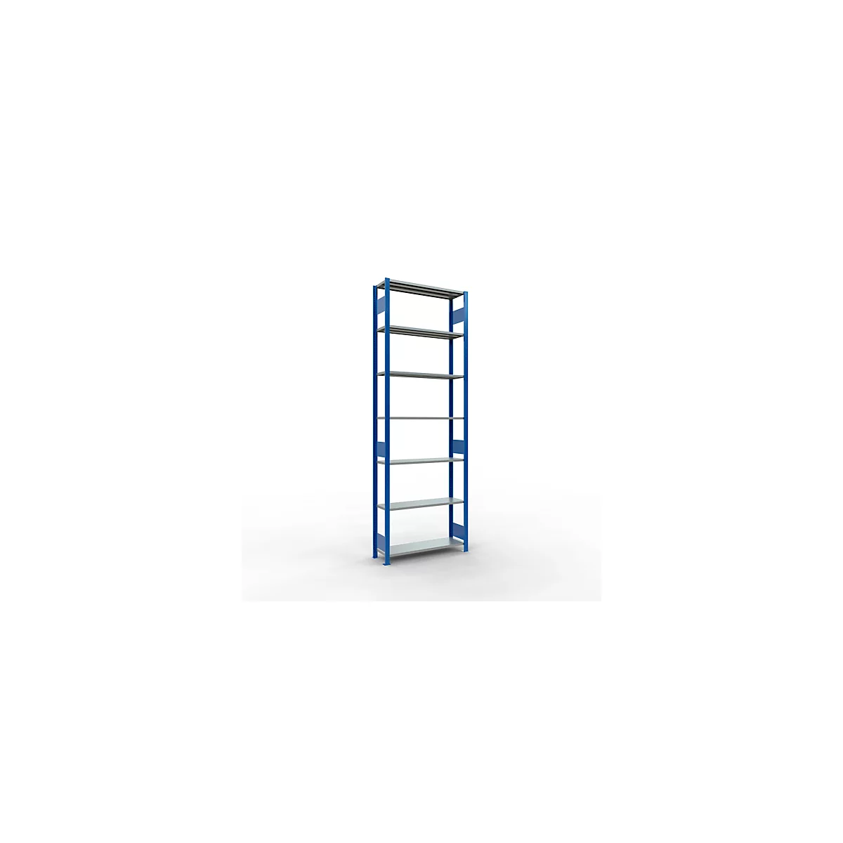 Rayonnage à emboîter MULTIplus150 - utilisable des 2 côtés - module de base - l. 1000 x P 300 x H 3000 mm - 7 étagères - capacité de charge par étagère 150 kg - renforcé par des traverses de longueur - acier - bleu gentiane RAL 5010