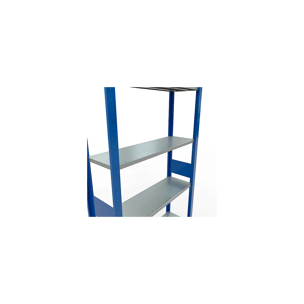 Rayonnage à emboîter MULTIplus150 - utilisable des 2 côtés - module de base - l. 1000 x P 300 x H 3000 mm - 7 étagères - capacité de charge par étagère 150 kg - renforcé par des traverses de longueur - acier - bleu gentiane RAL 5010