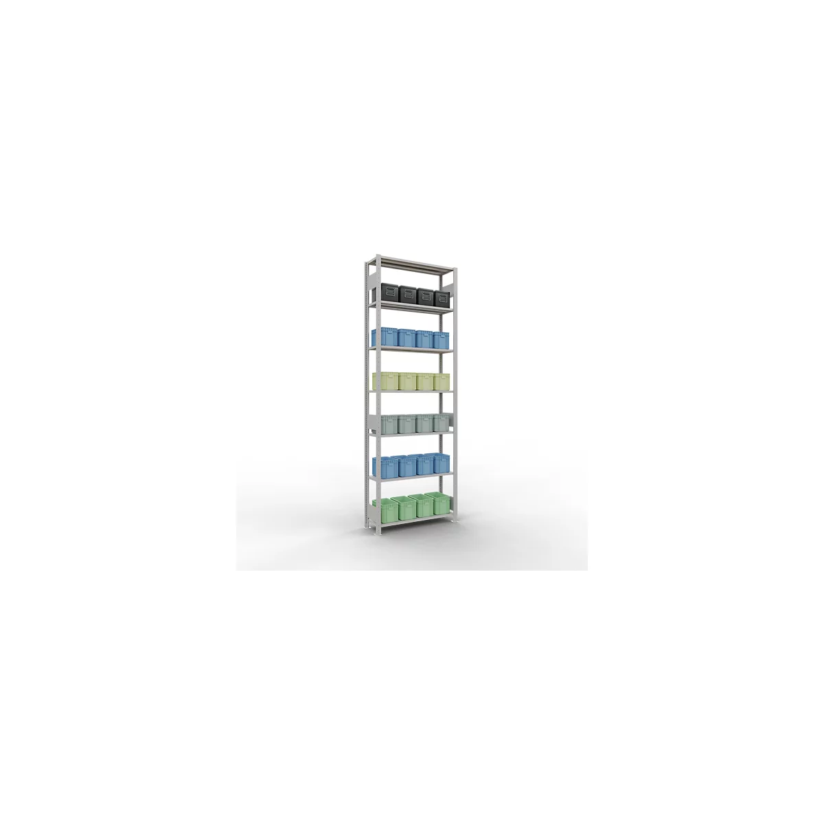 Rayonnage à emboîter MULTIplus150 - utilisable des 2 côtés - module de base - l. 1000 x P 300 x H 3000 mm - 7 étagères - capacité de charge par étagère 150 kg - renforcé par des traverses de longueur - acier - gris clair RAL 7035