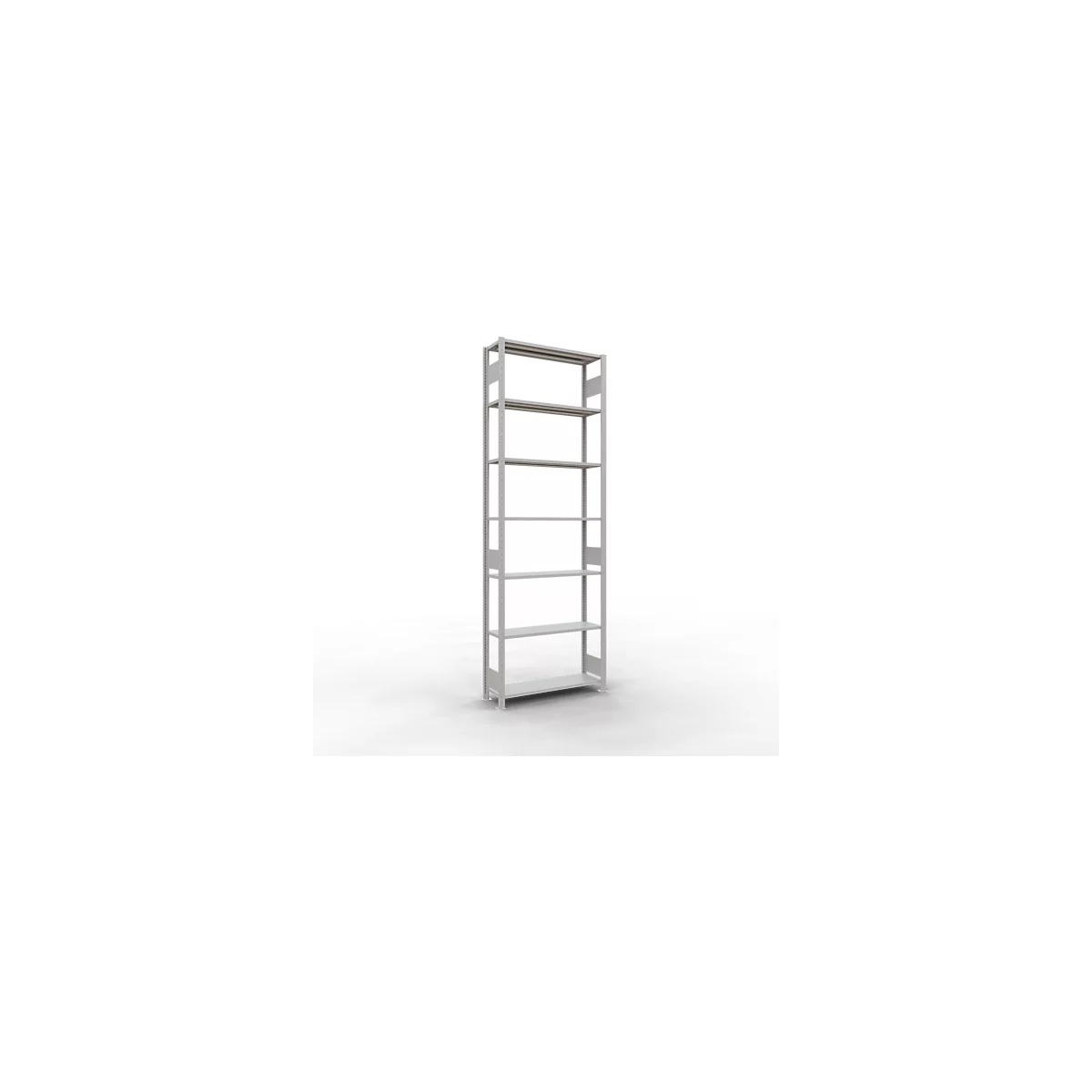 Rayonnage à emboîter MULTIplus150 - utilisable des 2 côtés - module de base - l. 1000 x P 300 x H 3000 mm - 7 étagères - capacité de charge par étagère 150 kg - renforcé par des traverses de longueur - acier - gris clair RAL 7035