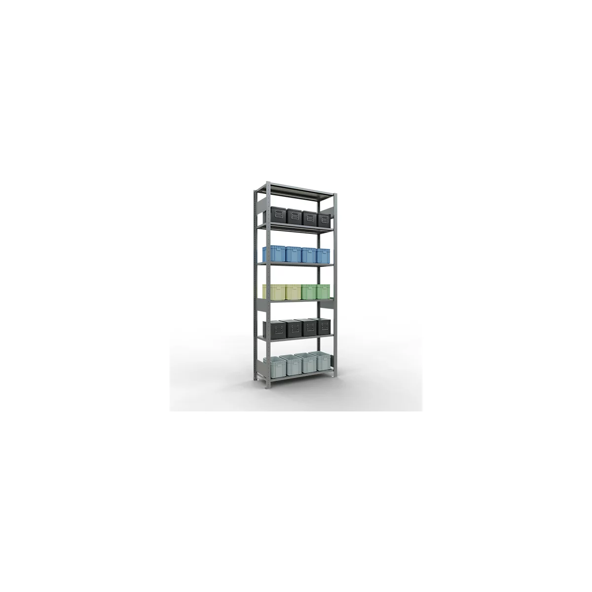 Rayonnage à emboîter MULTIplus150 - utilisable des 2 côtés - module de base - l. 1000 x P 400 x H 2000 mm - 6 étagères - capacité de charge par étagère 150 kg - renforcé par des traverses de longueur - acier - galvanisé