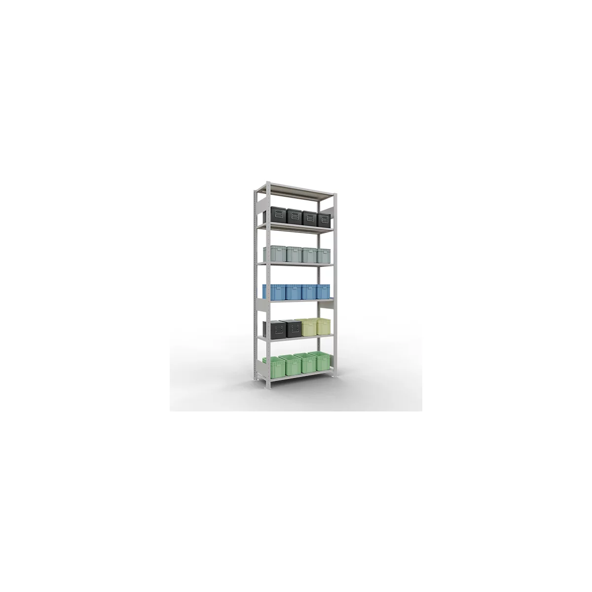 Rayonnage à emboîter MULTIplus150 - utilisable des 2 côtés - module de base - l. 1000 x P 400 x H 2000 mm - 6 étagères - capacité de charge par étagère 150 kg - renforcé par des traverses de longueur - acier - gris clair RAL 7035