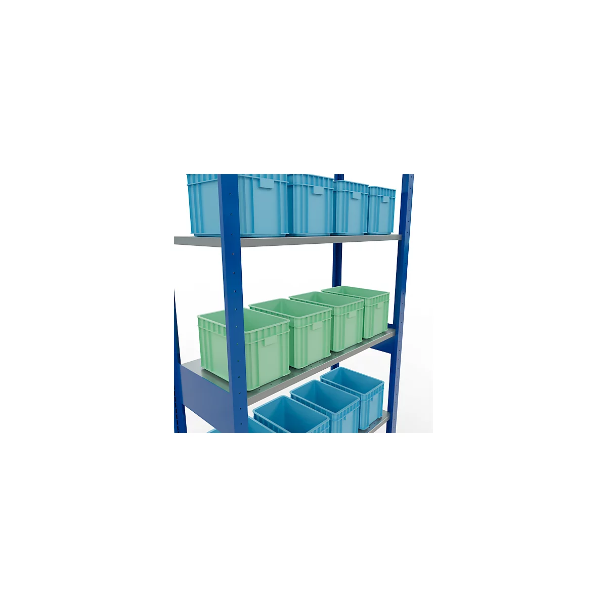 Rayonnage à emboîter MULTIplus150 - utilisable des 2 côtés - module de base - l. 1000 x P 400 x H 2500 mm - 6 étagères - capacité de charge par étagère 150 kg - renforcé par des traverses de longueur - acier - bleu gentiane RAL 5010