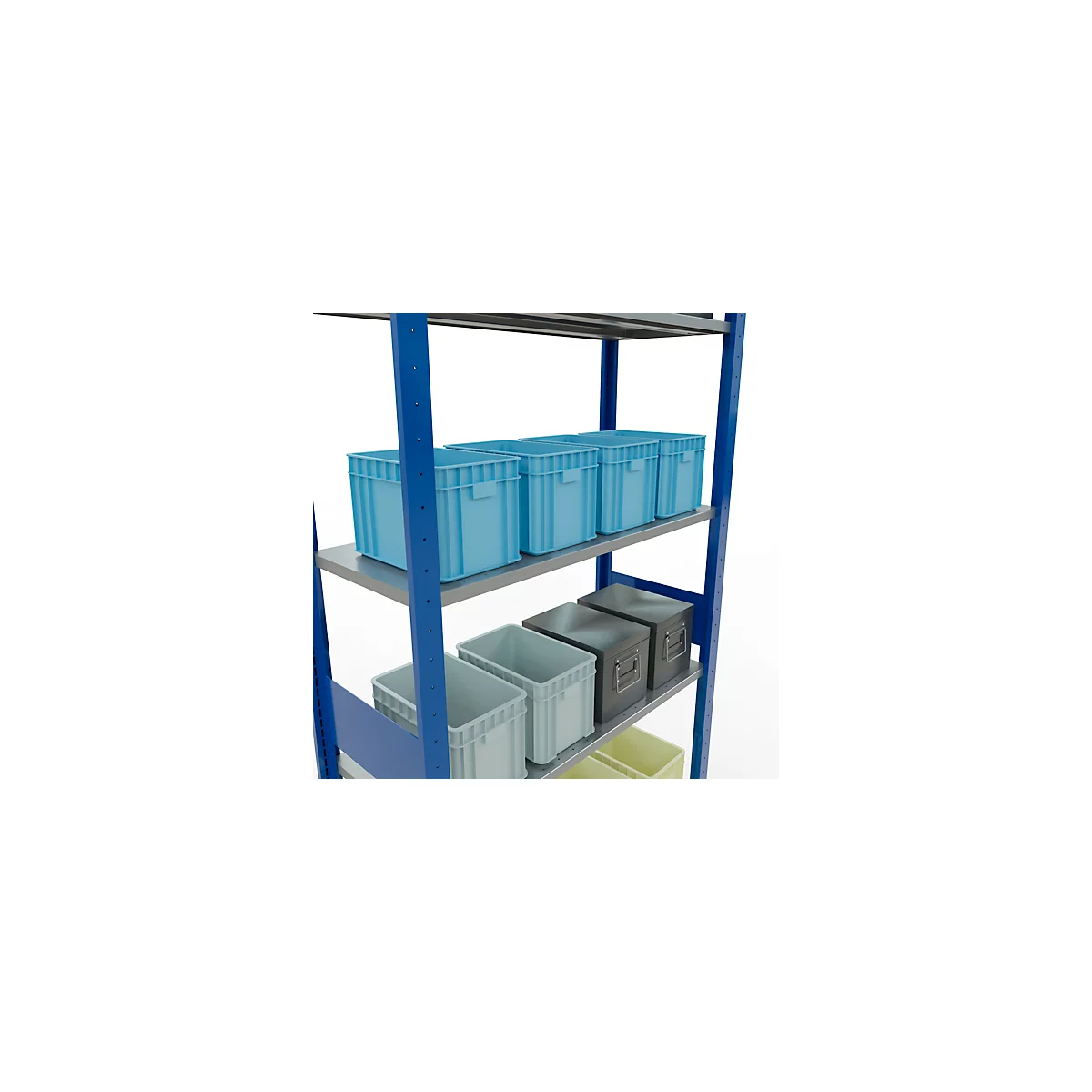 Rayonnage à emboîter MULTIplus150 - utilisable des 2 côtés - module de base - l. 1000 x P 400 x H 3000 mm - 7 étagères - capacité de charge par étagère 150 kg - renforcé par des traverses de longueur - acier - bleu gentiane RAL 5010