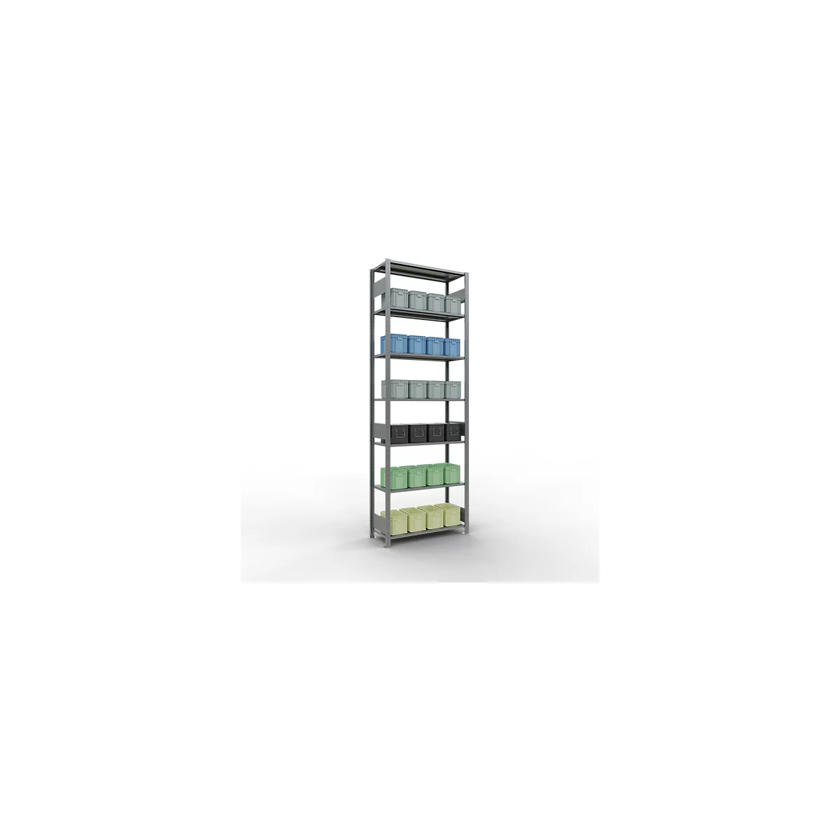 Rayonnage à emboîter MULTIplus150 - utilisable des 2 côtés - module de base - l. 1000 x P 400 x H 3000 mm - 7 étagères - capacité de charge par étagère 150 kg - renforcé par des traverses de longueur - acier - galvanisé