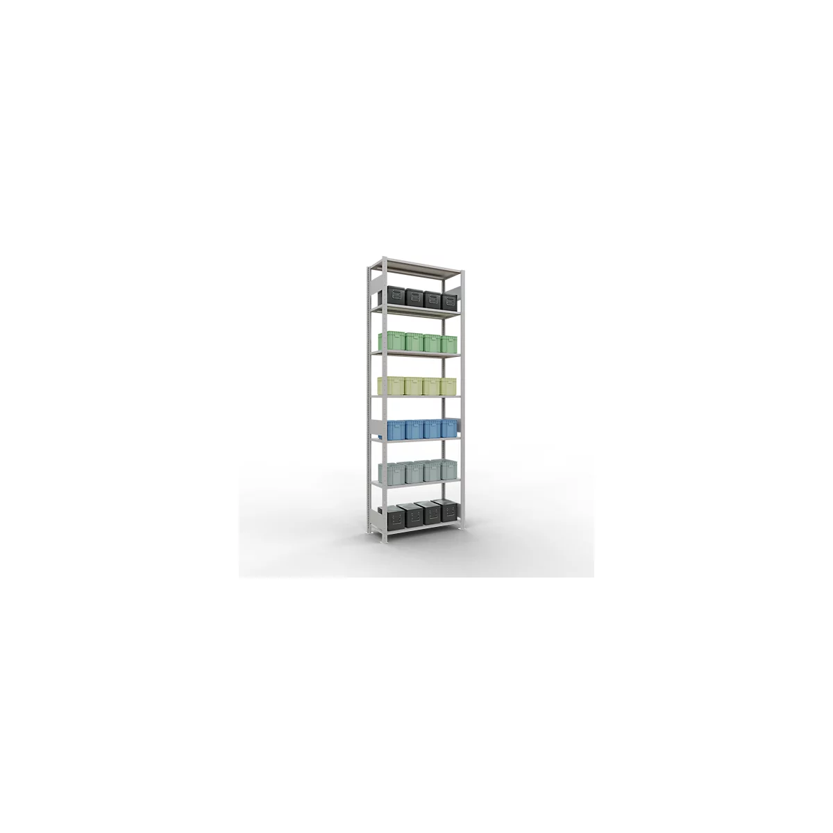 Rayonnage à emboîter MULTIplus150 - utilisable des 2 côtés - module de base - l. 1000 x P 400 x H 3000 mm - 7 étagères - capacité de charge par étagère 150 kg - renforcé par des traverses de longueur - acier - gris clair RAL 7035