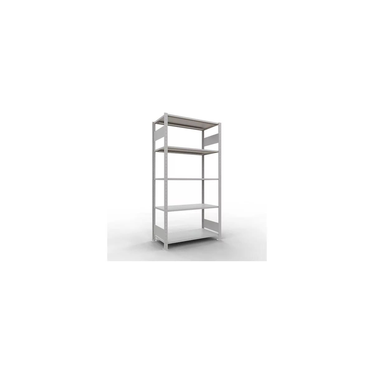 Rayonnage à emboîter MULTIplus150 - utilisable des 2 côtés - module de base - l. 1000 x P 500 x H 2000 mm - 5 étagères - capacité de charge par étagère 150 kg - renforcé par des traverses de longueur - acier - gris clair RAL 7035