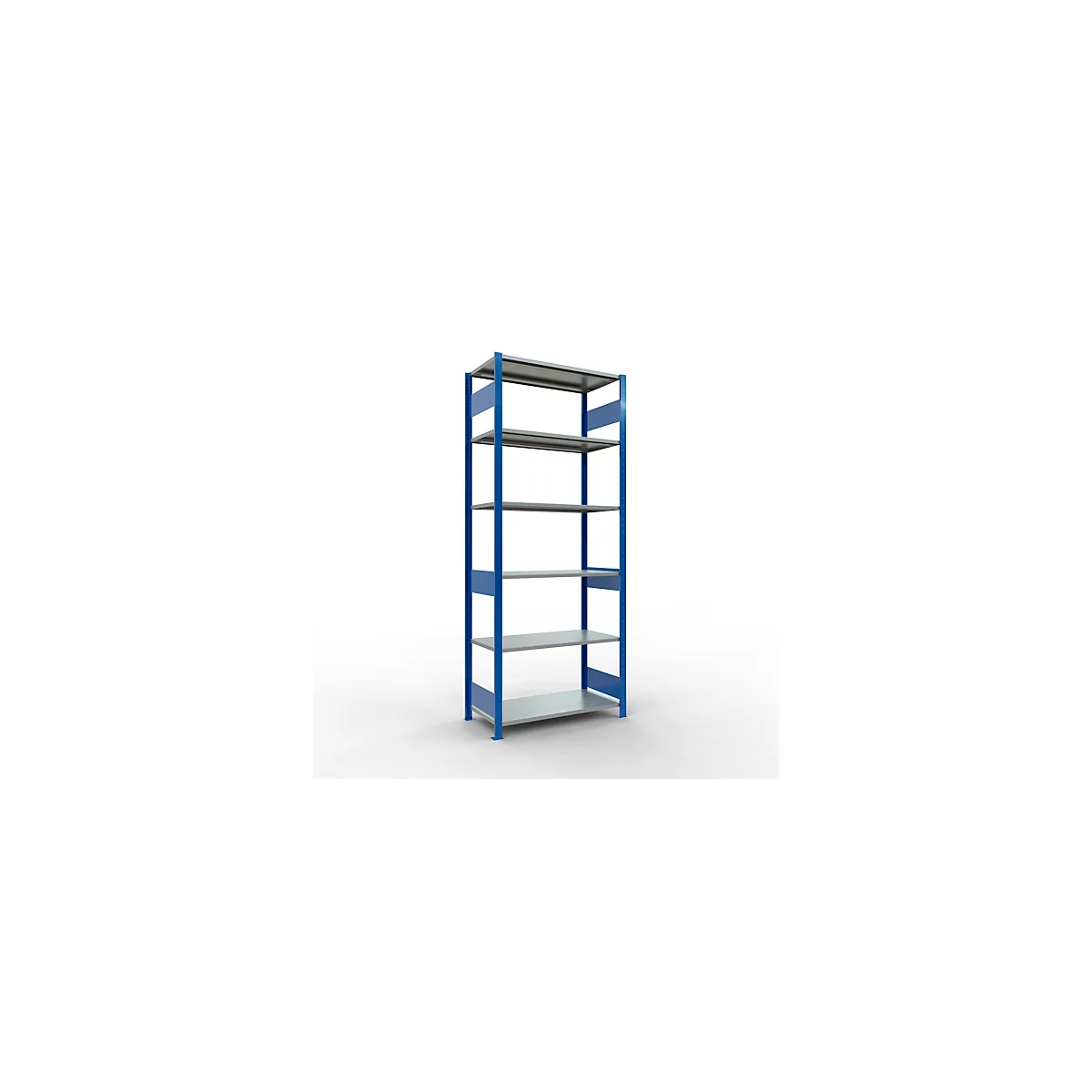 Rayonnage à emboîter MULTIplus150 - utilisable des 2 côtés - module de base - l. 1000 x P 500 x H 2500 mm - 6 étagères - capacité de charge par étagère 150 kg - renforcé par des traverses de longueur - acier - bleu gentiane RAL 5010