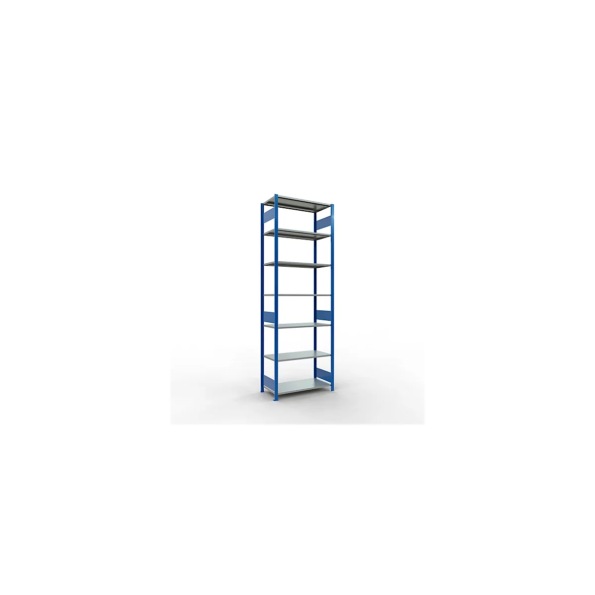 Rayonnage à emboîter MULTIplus150 - utilisable des 2 côtés - module de base - l. 1000 x P 500 x H 3000 mm - 7 étagères - capacité de charge par étagère 150 kg - renforcé par des traverses de longueur - acier - bleu gentiane RAL 5010