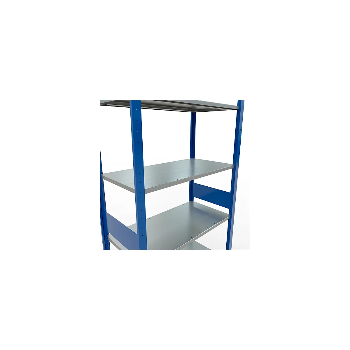 Rayonnage à emboîter MULTIplus150 - utilisable des 2 côtés - module de base - l. 1000 x P 500 x H 3000 mm - 7 étagères - capacité de charge par étagère 150 kg - renforcé par des traverses de longueur - acier - bleu gentiane RAL 5010