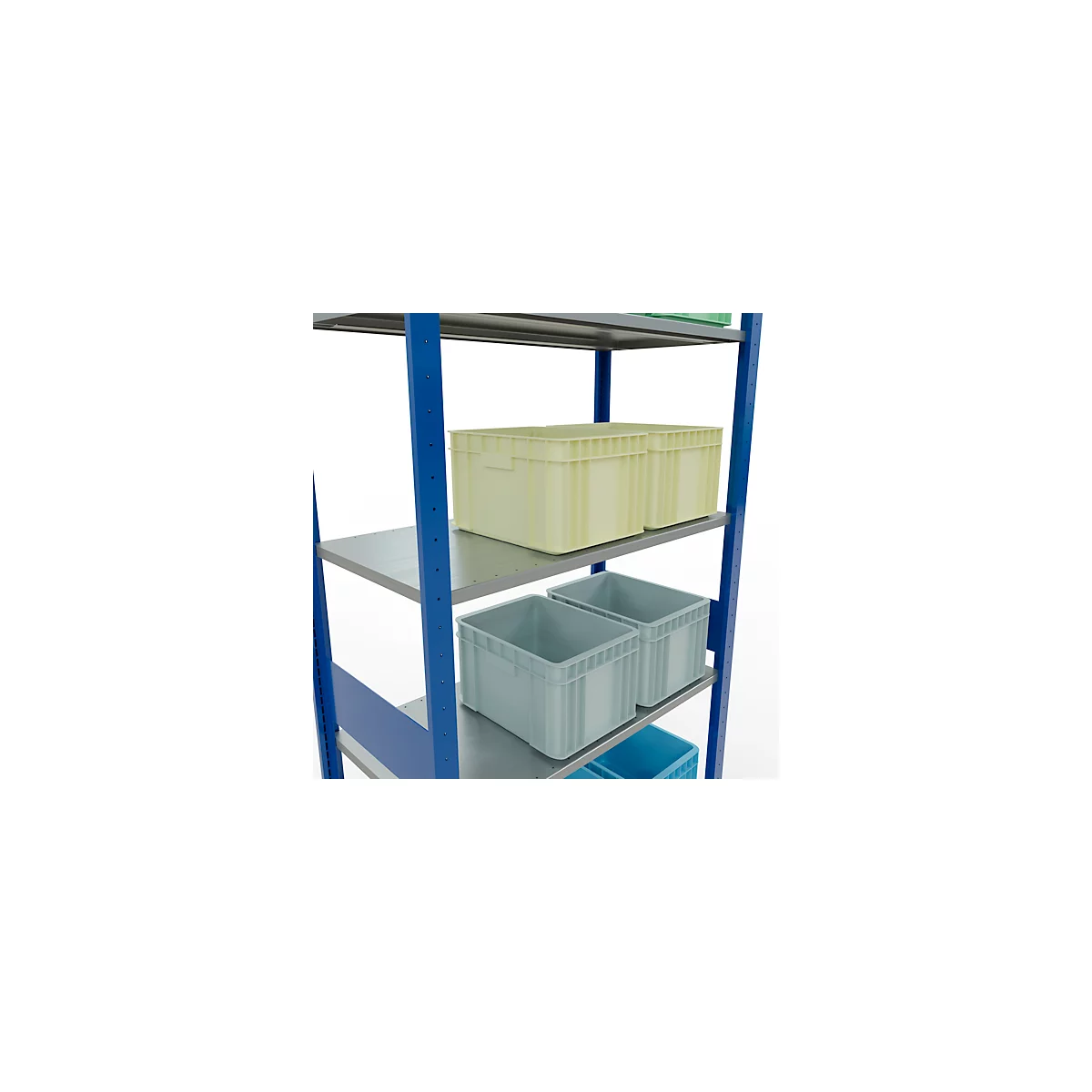 Rayonnage à emboîter MULTIplus150 - utilisable des 2 côtés - module de base - l. 1000 x P 500 x H 3000 mm - 7 étagères - capacité de charge par étagère 150 kg - renforcé par des traverses de longueur - acier - bleu gentiane RAL 5010