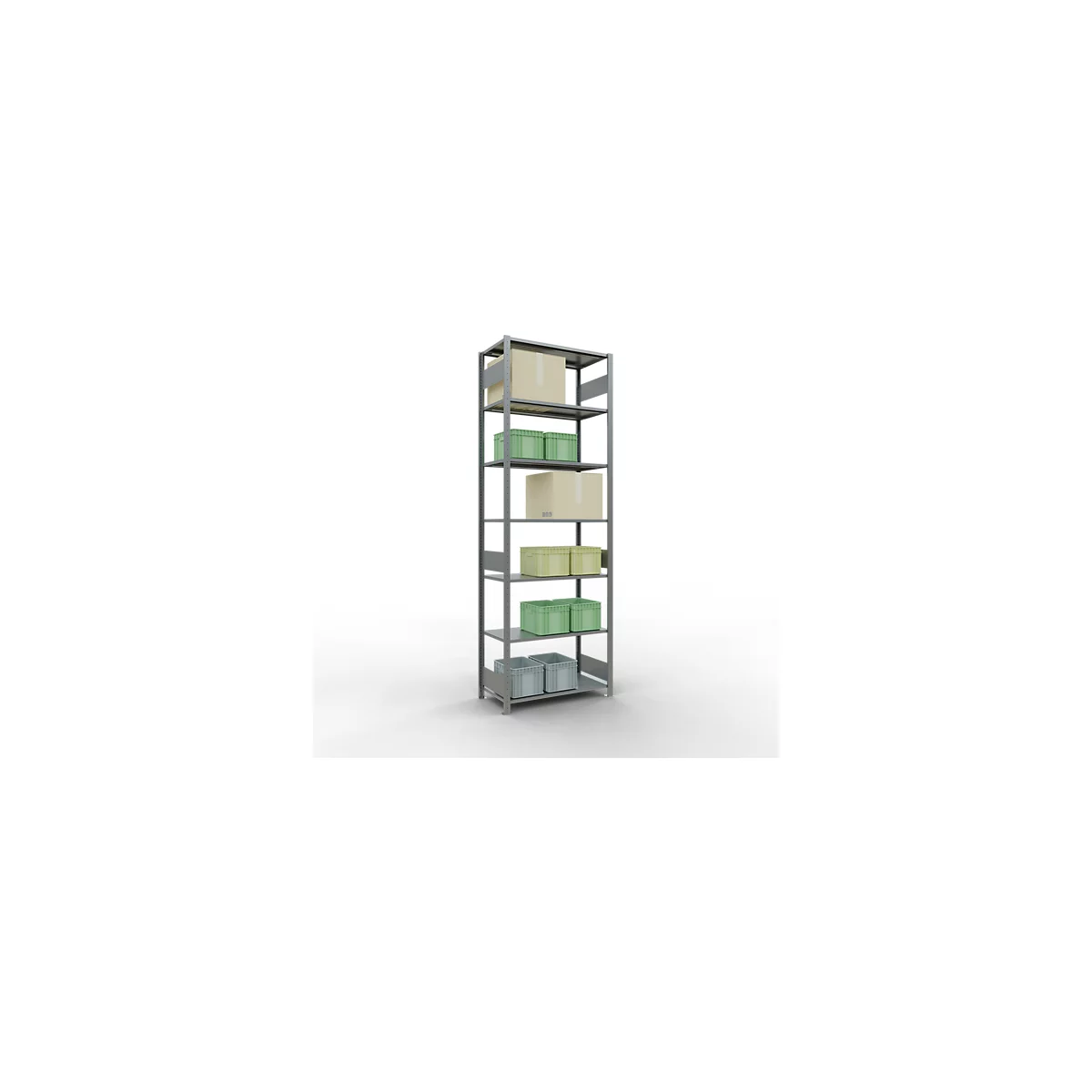 Rayonnage à emboîter MULTIplus150 - utilisable des 2 côtés - module de base - l. 1000 x P 500 x H 3000 mm - 7 étagères - capacité de charge par étagère 150 kg - renforcé par des traverses de longueur - acier - galvanisé