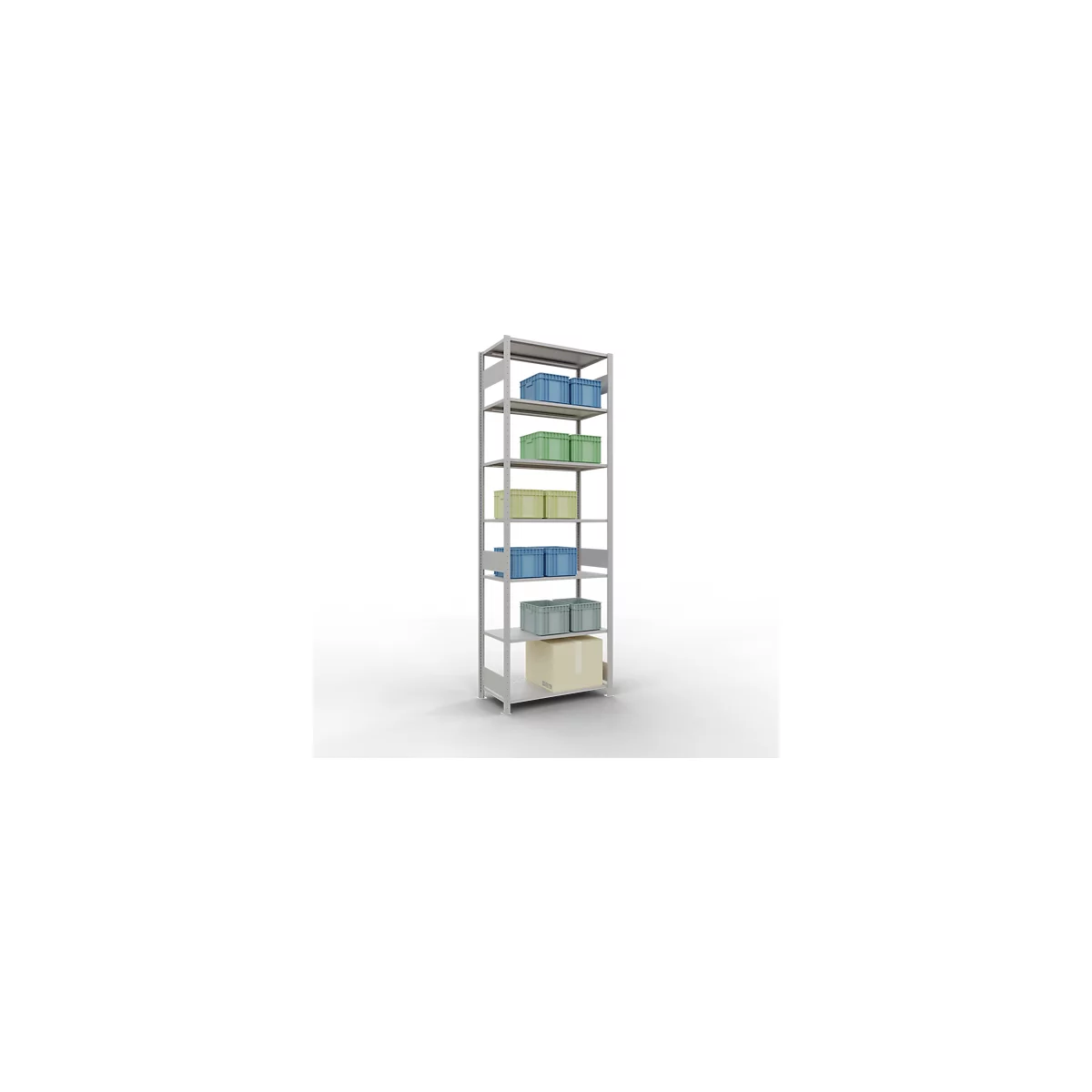 Rayonnage à emboîter MULTIplus150 - utilisable des 2 côtés - module de base - l. 1000 x P 500 x H 3000 mm - 7 étagères - capacité de charge par étagère 150 kg - renforcé par des traverses de longueur - acier - gris clair RAL 7035