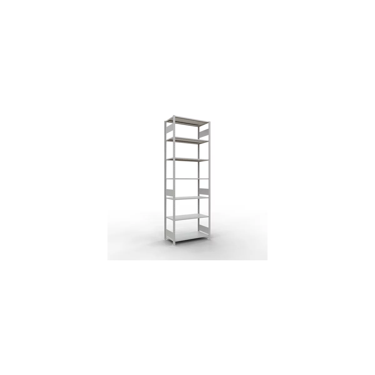 Rayonnage à emboîter MULTIplus150 - utilisable des 2 côtés - module de base - l. 1000 x P 500 x H 3000 mm - 7 étagères - capacité de charge par étagère 150 kg - renforcé par des traverses de longueur - acier - gris clair RAL 7035