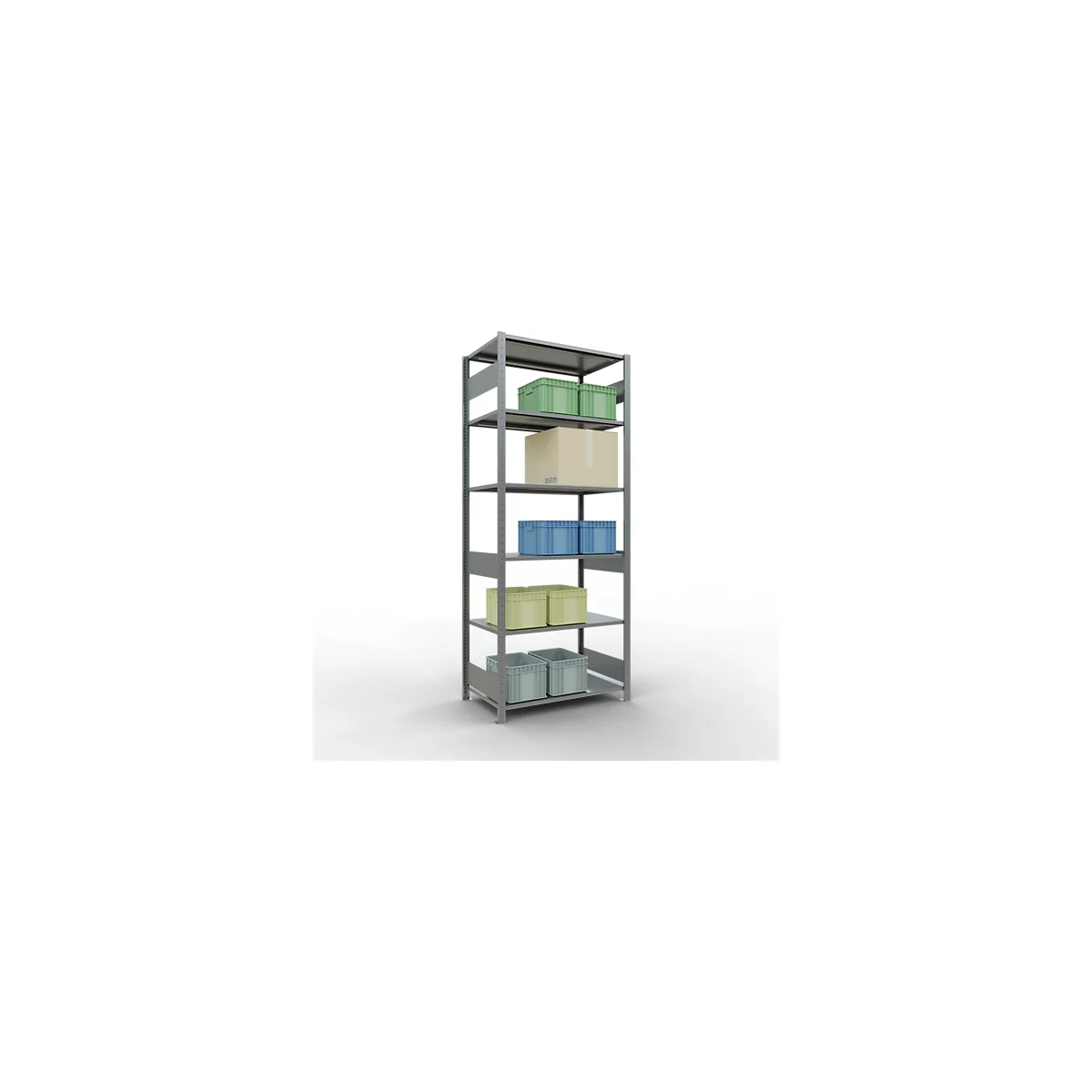 Rayonnage à emboîter MULTIplus150 - utilisable des 2 côtés - module de base - l. 1000 x P 600 x H 2500 mm - 6 étagères - capacité de charge par étagère 150 kg - renforcé par des traverses de longueur - acier - galvanisé